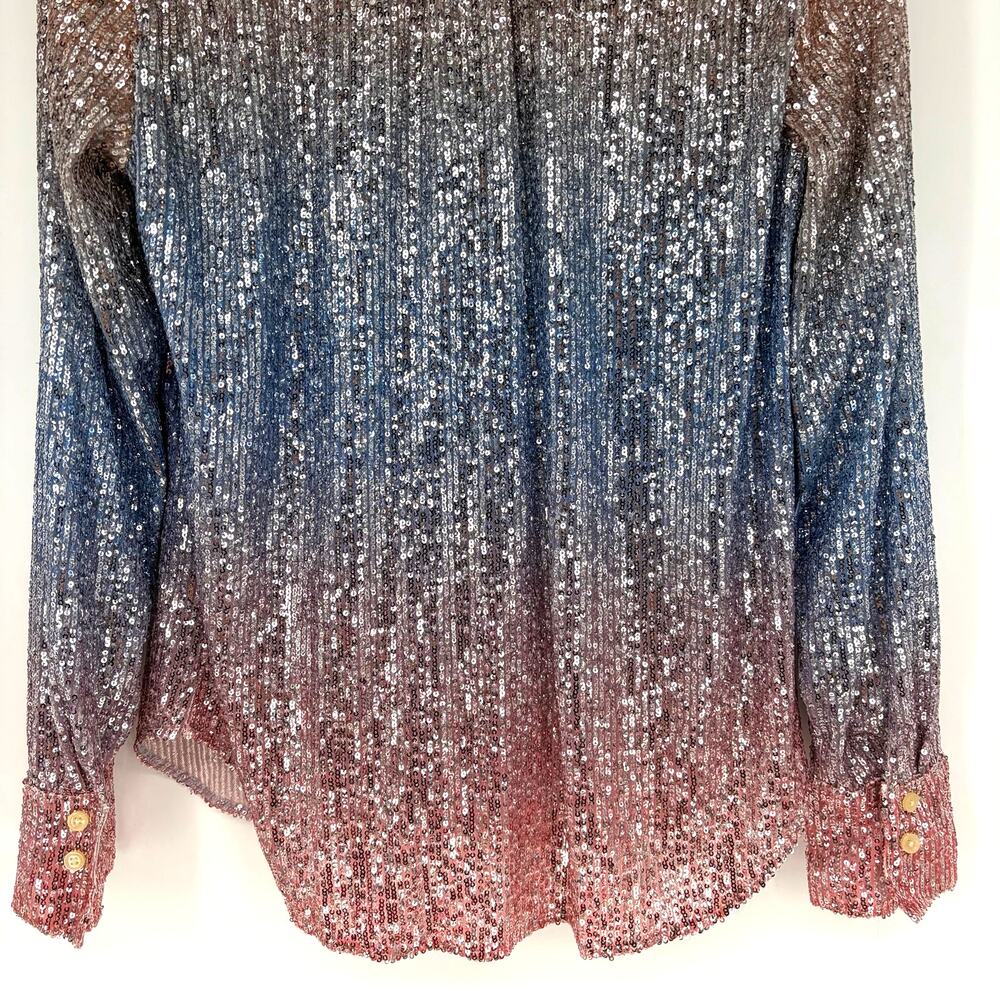 Anthropologie Ombre Sequin Button Down Blouse Pink Silver Mesh Top NWT S - Picture 11 of 13